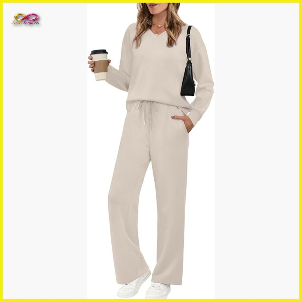V-Neck Lounge Set Wide Leg Pants Matching Tracksuit Cozy Comfort Travel